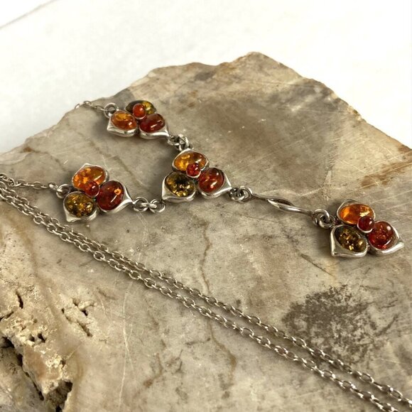 Sterling Silver 925 Multi Color Baltic Amber Flower Floral Y Necklace 16" -17.5" - Picture 4 of 16